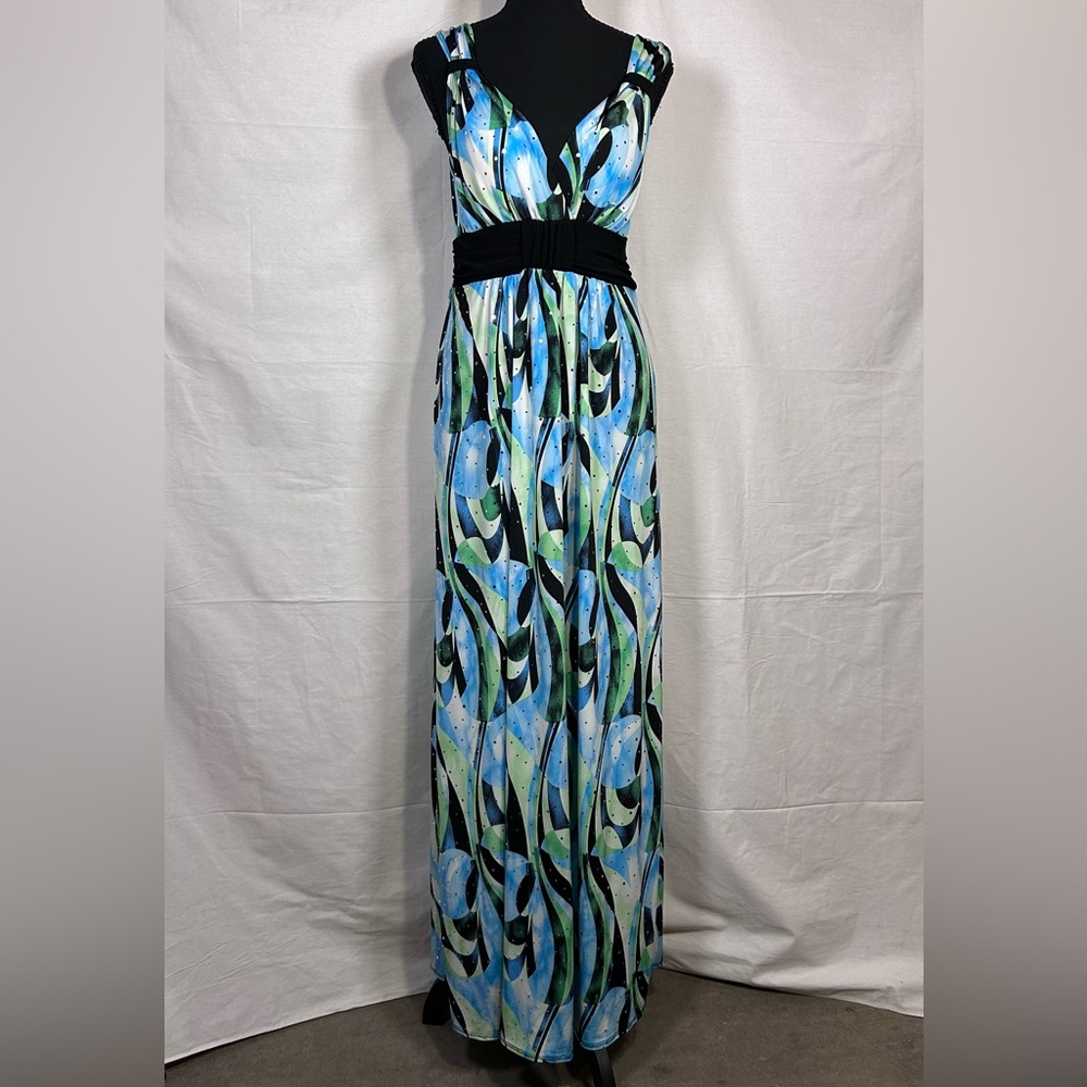 Sleeveless V-Neck Abstract Blue & Green Maxi Dress with Black Waistband